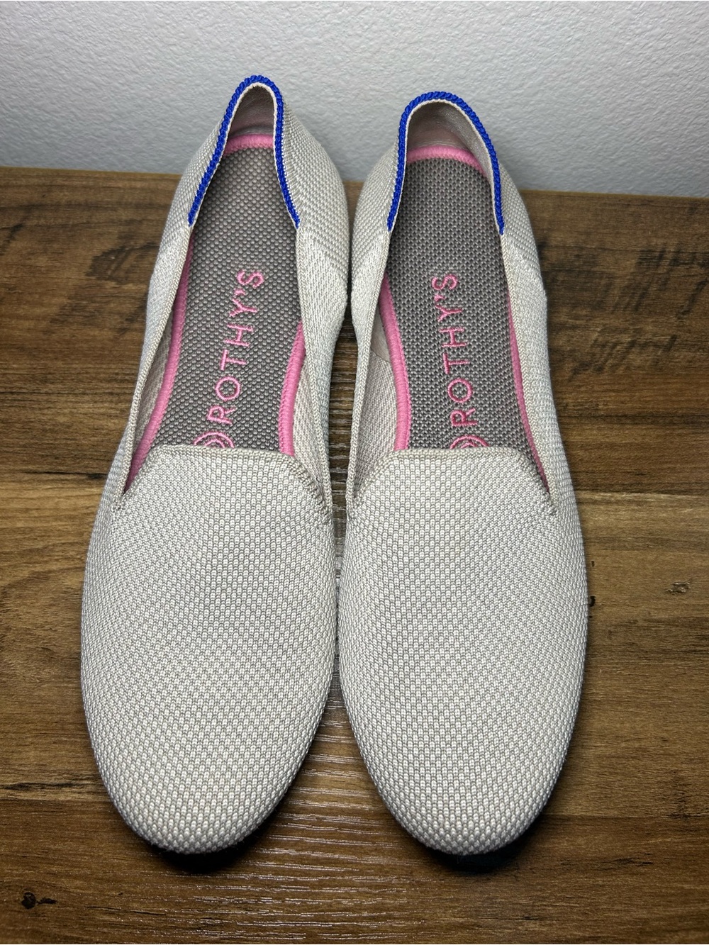 Rothy's Cream Knit Slip-On Flats with Pink and Blue Trim